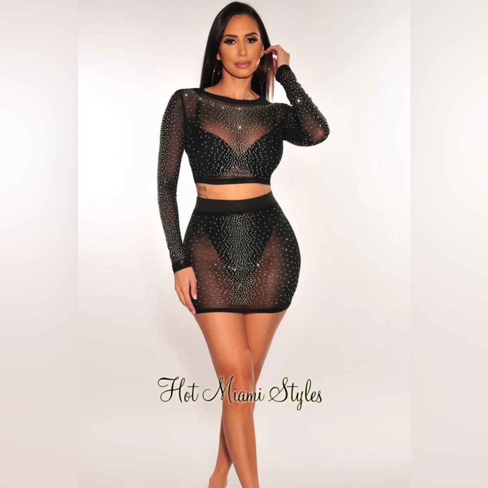 RHINESTONE LONG SLEEVES SKIRT TWO PIECE SET